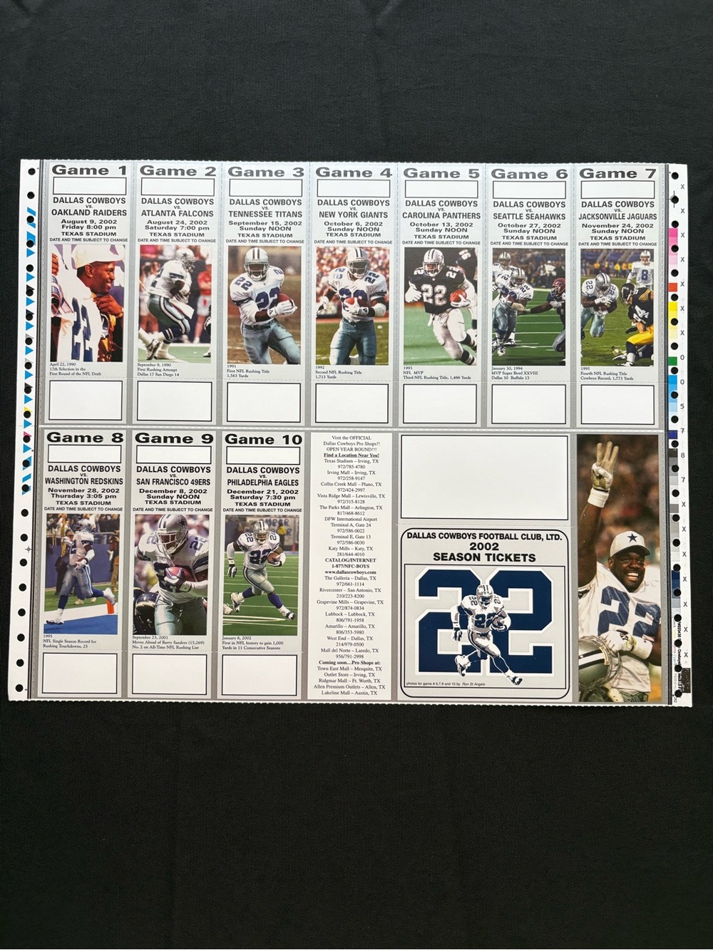 2002 Dallas Cowboys Uncut Season Tickets Sheet